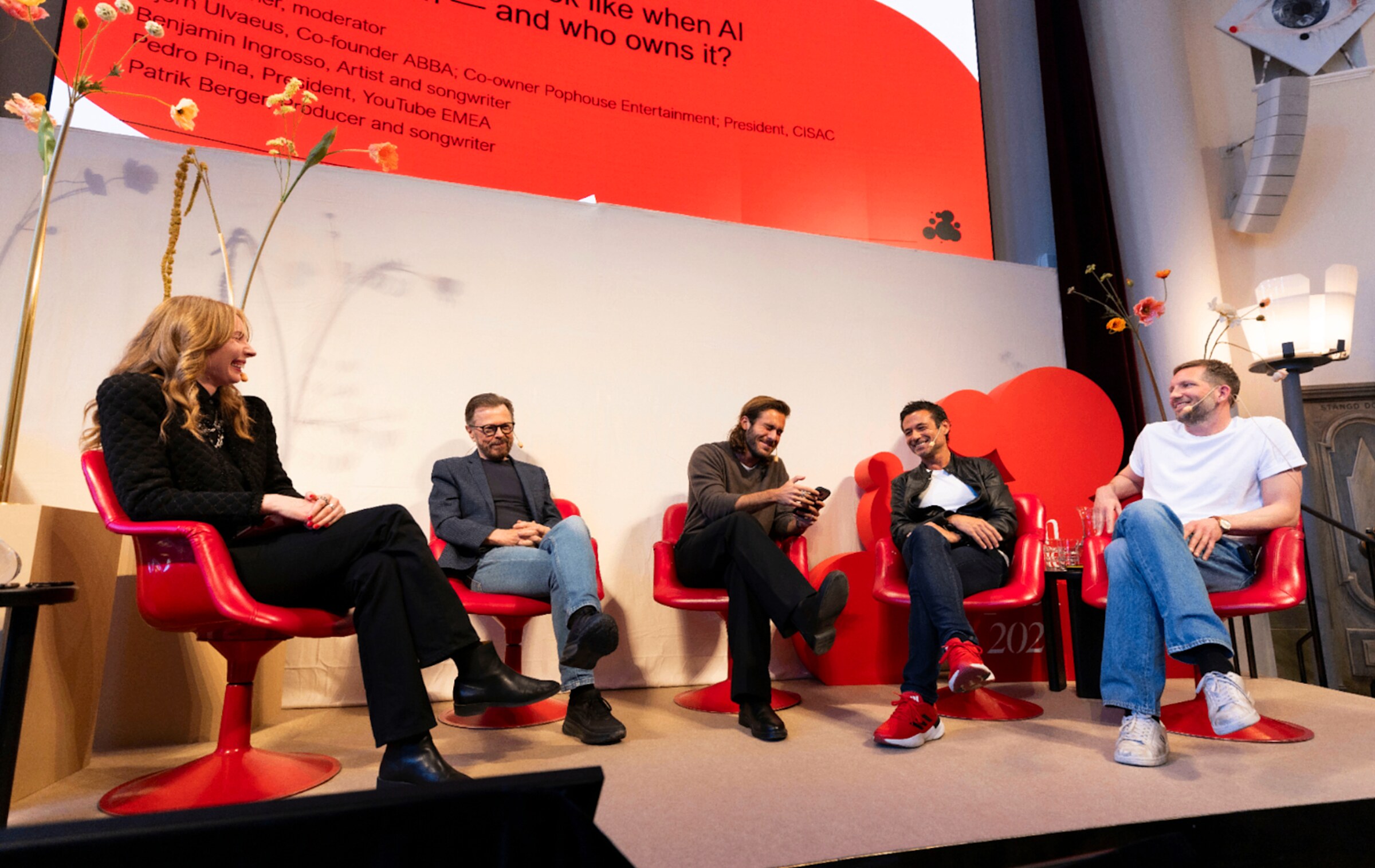The Creativity in the Room panel: Karin Winther, Björn Ulvaeus, Benjamin Ingrosso, Pedro Pina and Patrik Berger on stage at Future of Music.