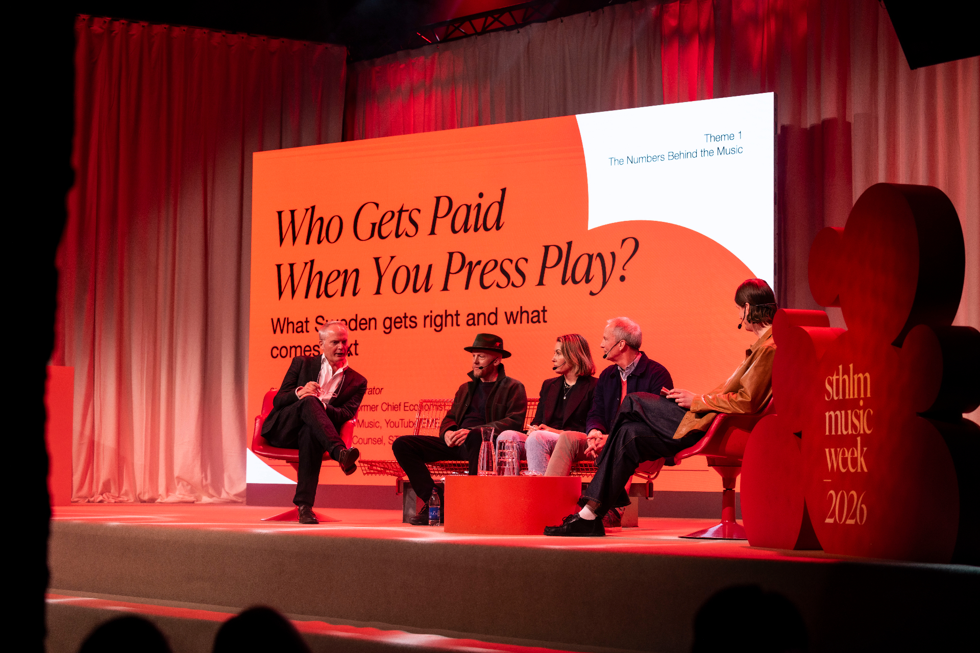 Panel on stage at Fållan with the slide "Who Gets Paid When You Press Play?" projected behind, moderator and four panelists seated on red chairs.