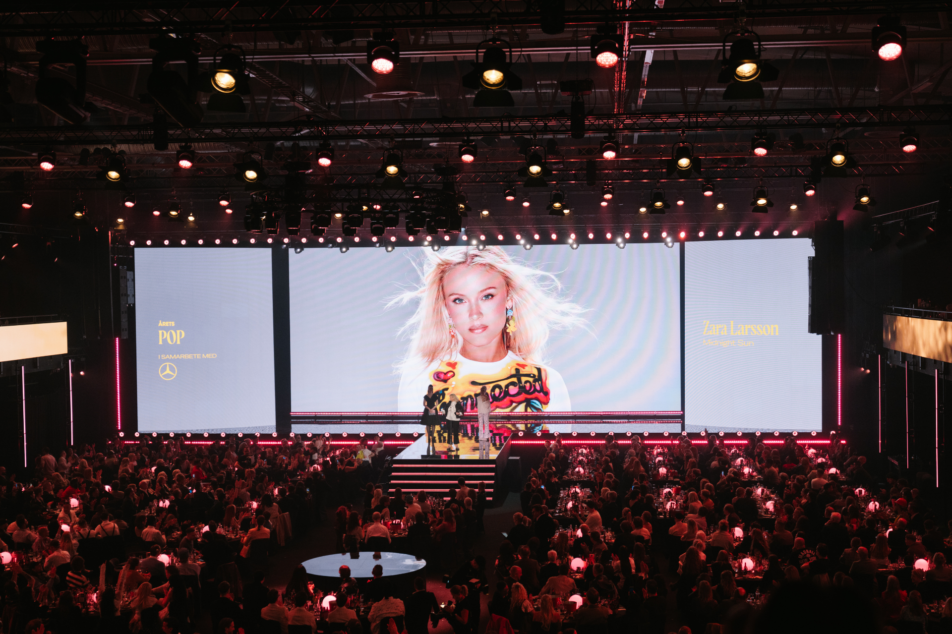 Annexet stage during Pop of the Year, Zara Larsson on the main screen as Agnetha Larsson accepts the award.